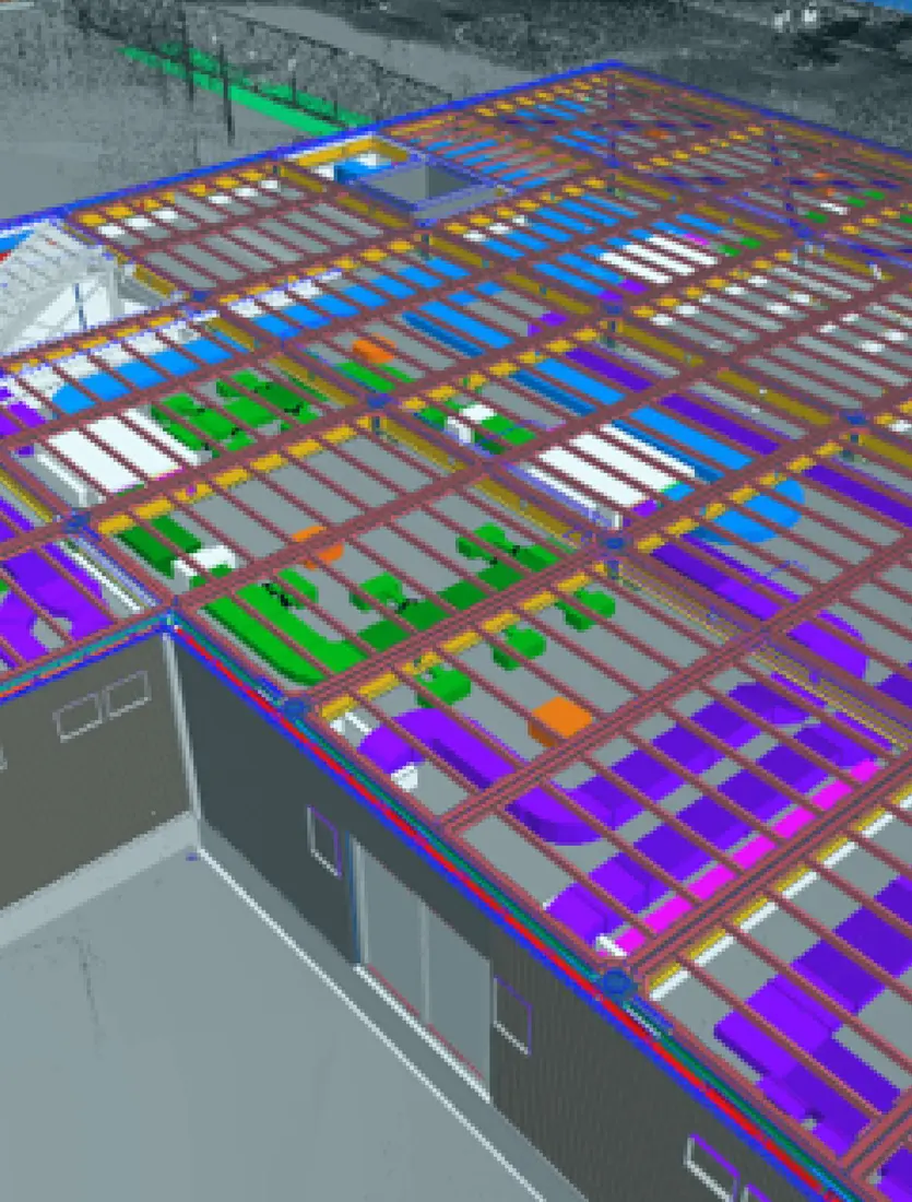 Maquette BIM coordonnée : structure et réseaux techniques en couleur